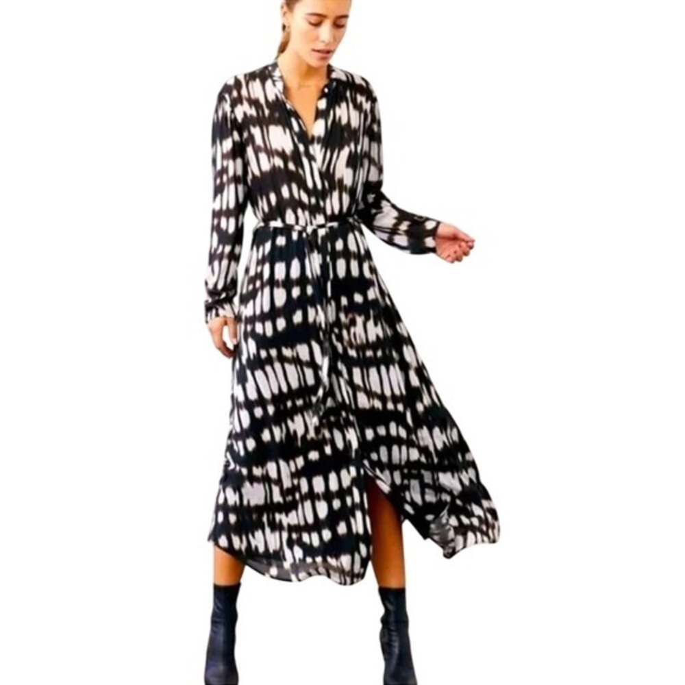 Bella Dahl XS Black White Contemporary Maxi‎ Dress Button Front Long Sleeve
